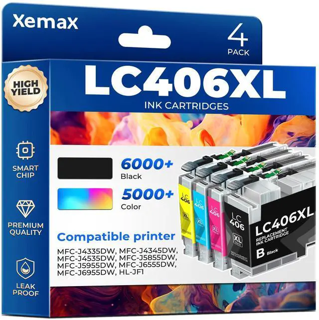 Main image of LC406XL Ink Cartridges 4 Pack (21000 Pages) Compatible with MFC-J4335DW for Brother LC406XL LC406 Ink Work for MFC-J4335DW, MFC-J4345DW, MFC-J4535DW, MFC-J5855DW, MFC-J5955DW, MFC-J6555DW, MFC-J6955DW
