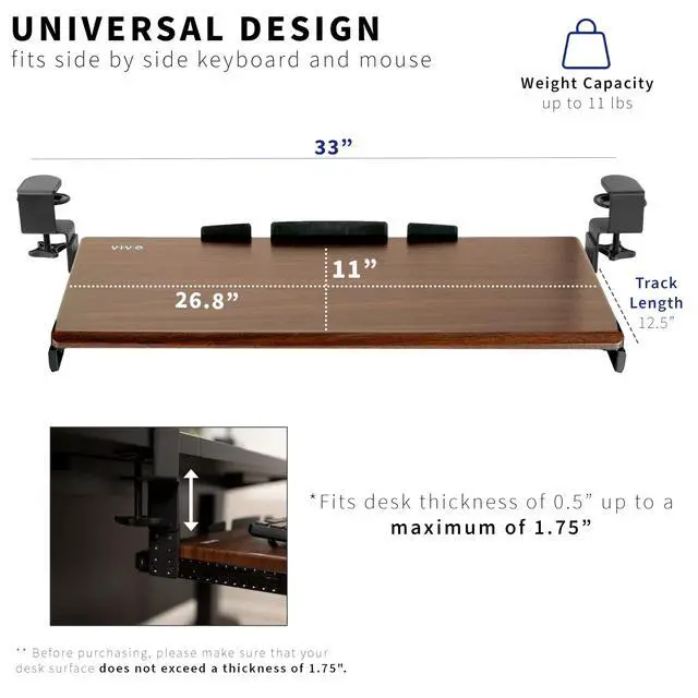 Alt view image 4 of 7 - Large Height Adjustable Under Desk Keyboard Tray, C-clamp Mount System, 27 (33 Including Clamps) x 11 inch Slide-Out Platform Computer Drawer for Typing, Dark Walnut, MOUNT-KB05HD