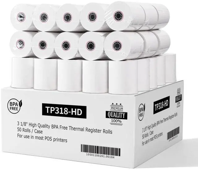 Main image of 3 1/8 x 3" Diameter Thermal Paper Receipt Rolls (50 Pack) 80 GSM, BPA Free Receipt Paper Compatible with Most POS Systems, Cash Registers, Thermal Receipt Rolls