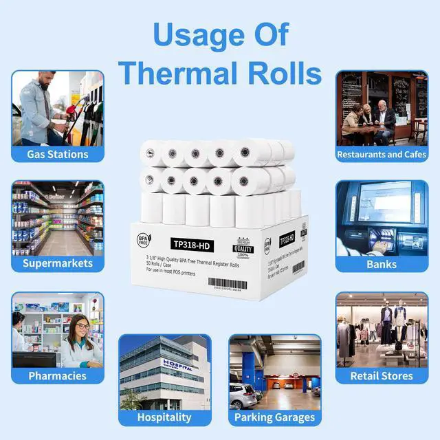 Alt view image 5 of 7 - 3 1/8 x 3" Diameter Thermal Paper Receipt Rolls (50 Pack) 80 GSM, BPA Free Receipt Paper Compatible with Most POS Systems, Cash Registers, Thermal Receipt Rolls