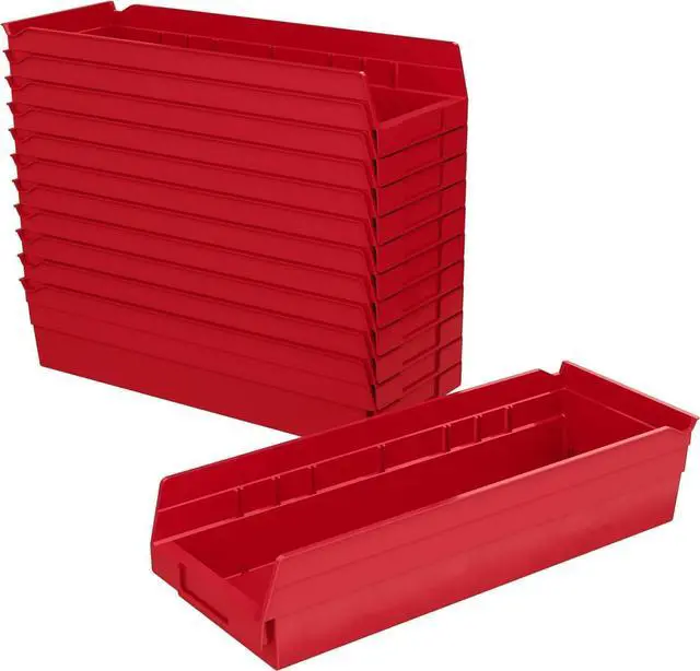 Main image of 30138 Plastic Shelf Bins, Heavy Duty Storage Bins for Garage, Closet, and Drawer Organization, 18" x 6-1/2" x 4", Red, 12-Pack