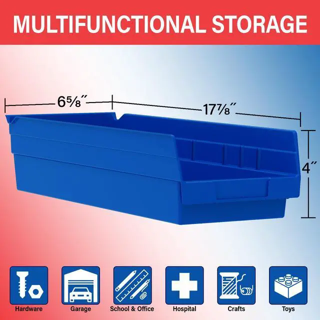 Alt view image 3 of 7 - 30138 Plastic Shelf Bins, Heavy Duty Storage Bins for Garage, Closet, and Drawer Organization, 18" x 6-1/2" x 4", Red, 12-Pack