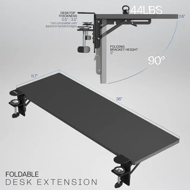 Alt view image 4 of 7 - Black Clamp-on 36 x 12 in Desk Extender, DESK-EXT36 | Foldable, Wrist Support Arm Rest, Office Keyboard Tray, Side Table Extension Attachment