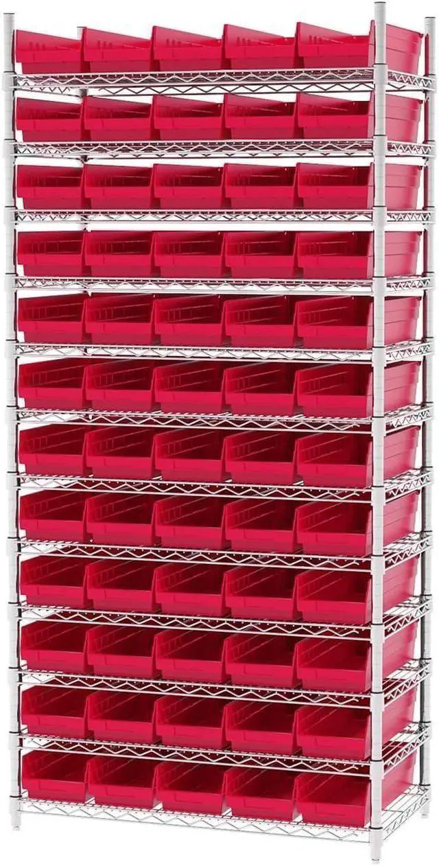 Alt view image 6 of 7 - 30138 Plastic Shelf Bins, Heavy Duty Storage Bins for Garage, Closet, and Drawer Organization, 18" x 6-1/2" x 4", Red, 12-Pack