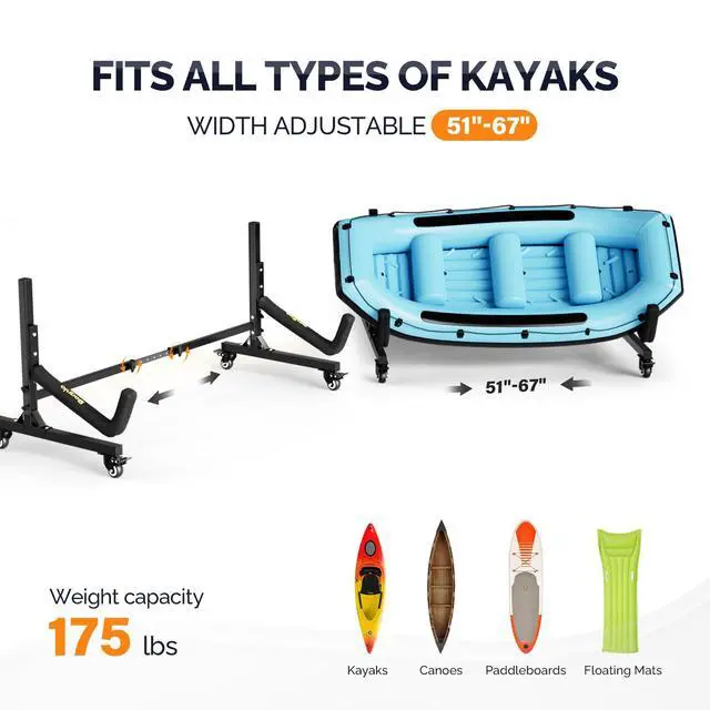 Alt view image 4 of 7 - Kayak Stand Freestanding Storage Rack for Kayak Canoe Boat Paddle Board SUP Surfboard for Indoor Outdoor Garage, Shed, Dock with Lockable Wheels Wide Adjustable