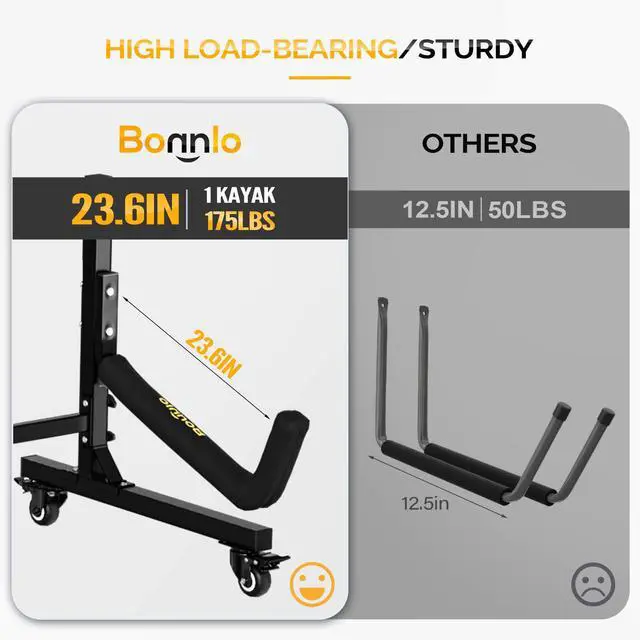 Alt view image 5 of 7 - Kayak Stand Freestanding Storage Rack for Kayak Canoe Boat Paddle Board SUP Surfboard for Indoor Outdoor Garage, Shed, Dock with Lockable Wheels Wide Adjustable