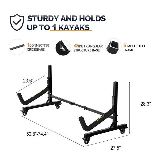 Alt view image 7 of 7 - Kayak Stand Freestanding Storage Rack for Kayak Canoe Boat Paddle Board SUP Surfboard for Indoor Outdoor Garage, Shed, Dock with Lockable Wheels Wide Adjustable