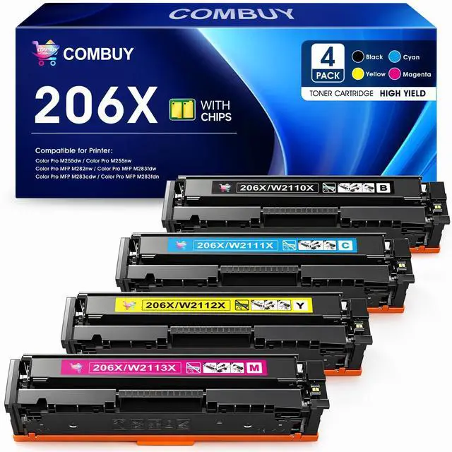 Main image of 206X Toner Cartridges 4 Pack M283fdw M283cdw Compatible for HP 206X 206A Color LaserJet Pro MFP M283fdw M283cdw M255dw M282nw M283fdn M255nw M283 M282 M255 Toner with Chip Black Cyan Yellow Magenta