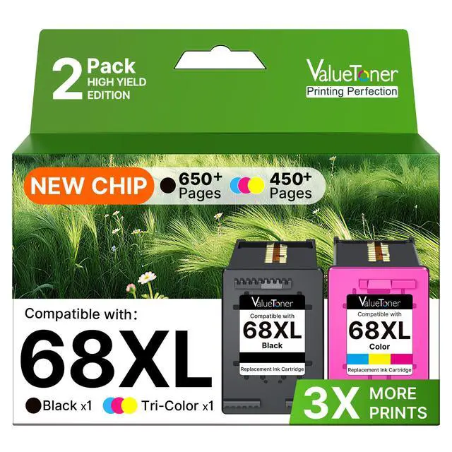 Main image of 68XL 68e Ink Cartridges for HP 68 Ink Cartridges Black/Color Combo Pack | for HP Ink 68 68XL Compatible with Envy 6155e 6555e 6152e 6552e 6558e 6165e 6100e 6500e Series Printer (1 Black, 1 Tri-Color)
