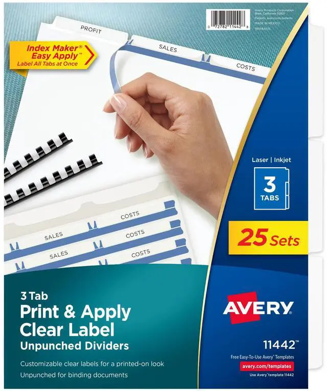 Main image of 3-Tab Unpunched Dividers for Use with Any Binding System, Easy Print & Apply Clear Label Strip, Index Maker Customizable White Tabs, 25 Sets (11442)