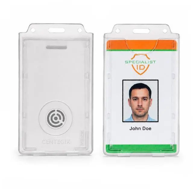 Main image of Bulk 20 Pack - Centegix Badge Holder with Hole for Teachers - Holds 1 School ID & 1 Centegix V2 CrisisAlert Alarm Badge - Heavy Duty Polycarbonate Clear Vertical Display, Recessed Hole