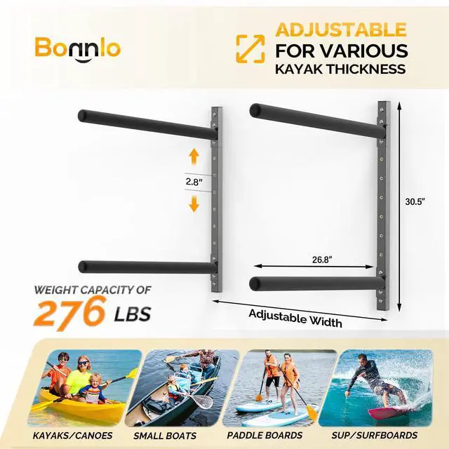 Alt view image 3 of 7 - Adjustable Kayak Storage Rack, Heavy Duty Kayak Wall Rack for Garage Indoor Outdoor Backyard Storage Room, Fits Kayaks Canoes Surfboards Paddle Boards