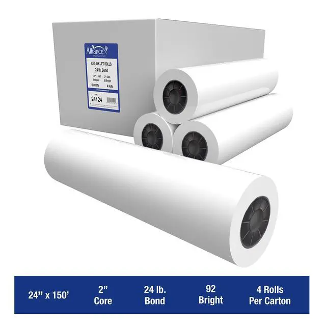 Alt view image 3 of 7 - Wide Format Paper 24" x 150' CAD Bond Rolls (24lb | 4 Rolls, 24 In x 150 Ft | 2" Core)