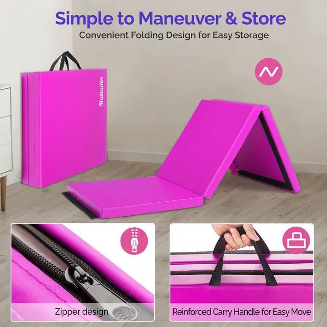 Alt view image 3 of 6 - 6' Folding Tri-fold Gymnastics Gym Exercise Aerobics Mat, 6ft x 2ft x 2in PU Leather Tumbling Mats with Hook & Loop Fastener for Stretching Yoga Cheerleading Martial Arts