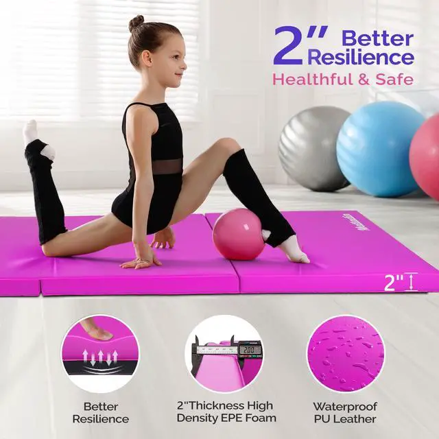 Alt view image 2 of 6 - 6' Folding Tri-fold Gymnastics Gym Exercise Aerobics Mat, 6ft x 2ft x 2in PU Leather Tumbling Mats with Hook & Loop Fastener for Stretching Yoga Cheerleading Martial Arts