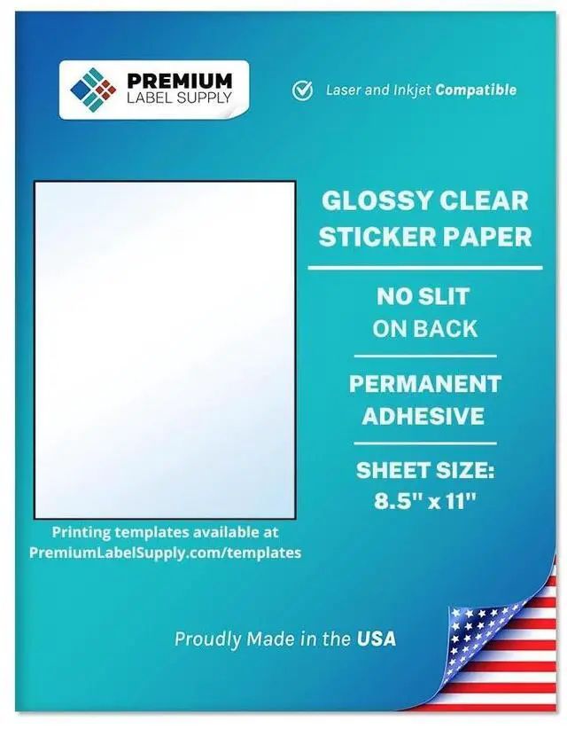 Main image of Glossy Clear Sticker Paper 8.5" x 11" Full Sheet Labels Laser/Inkjet Compatible 100 Sheets