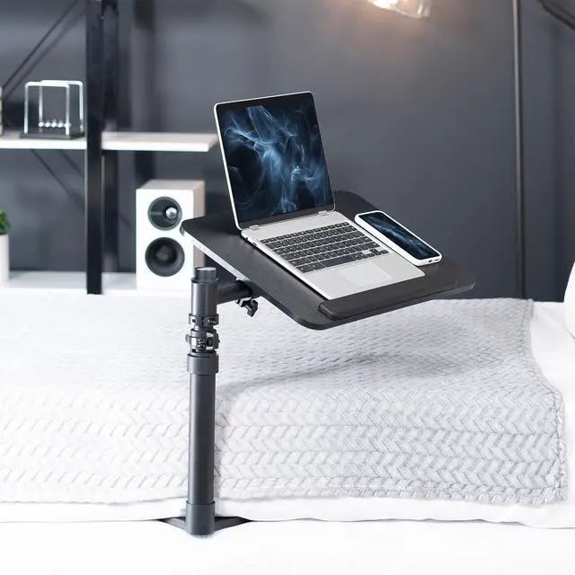 Alt view image 2 of 7 - Height Adjustable Under Mattress 20 inch Bedside Desk, Works with Lofts and Beds Without Frames, Tilting Desktop, Fits Laptops, Books, and More, Black