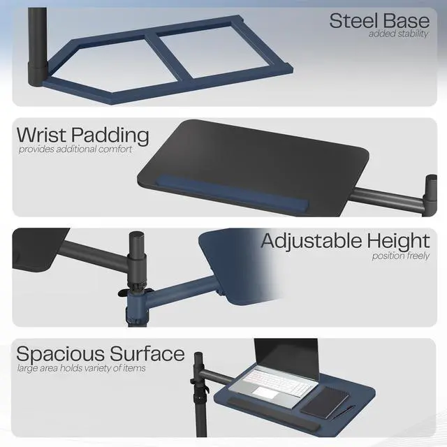 Alt view image 5 of 7 - Height Adjustable Under Mattress 20 inch Bedside Desk, Works with Lofts and Beds Without Frames, Tilting Desktop, Fits Laptops, Books, and More, Black