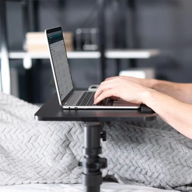 Alt view image 7 of 7 - Height Adjustable Under Mattress 20 inch Bedside Desk, Works with Lofts and Beds Without Frames, Tilting Desktop, Fits Laptops, Books, and More, Black
