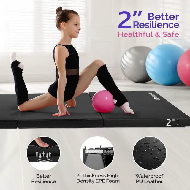 Alt view image 2 of 6 - 6' Folding Tri-fold Gymnastics Gym Exercise Aerobics Mat, 6ft x 2ft x 2in PU Leather Tumbling Mats with Hook & Loop Fastener for Stretching Yoga Cheerleading Martial Arts