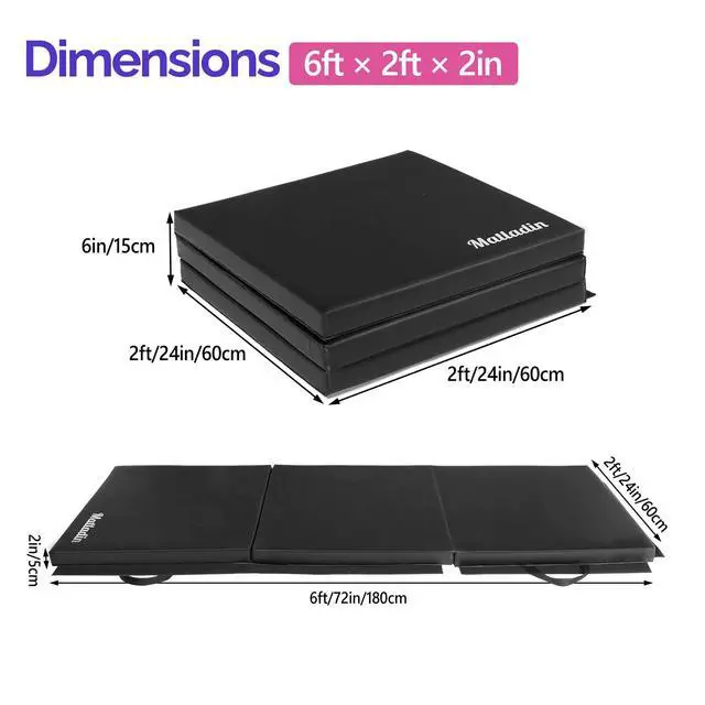 Alt view image 5 of 6 - 6' Folding Tri-fold Gymnastics Gym Exercise Aerobics Mat, 6ft x 2ft x 2in PU Leather Tumbling Mats with Hook & Loop Fastener for Stretching Yoga Cheerleading Martial Arts