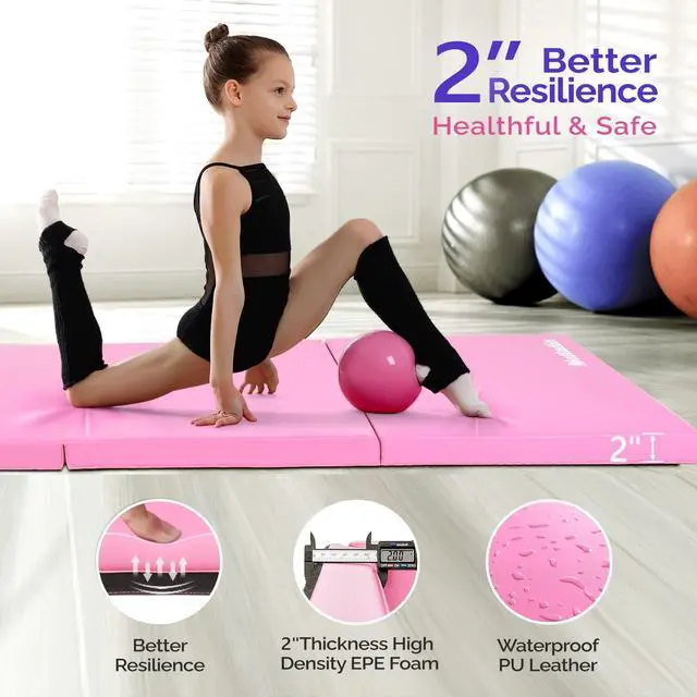 Alt view image 2 of 5 - 6' Folding Tri-fold Gymnastics Gym Exercise Aerobics Mat, 6ft x 2ft x 2in PU Leather Tumbling Mats with Hook & Loop Fastener for Stretching Yoga Cheerleading Martial Arts