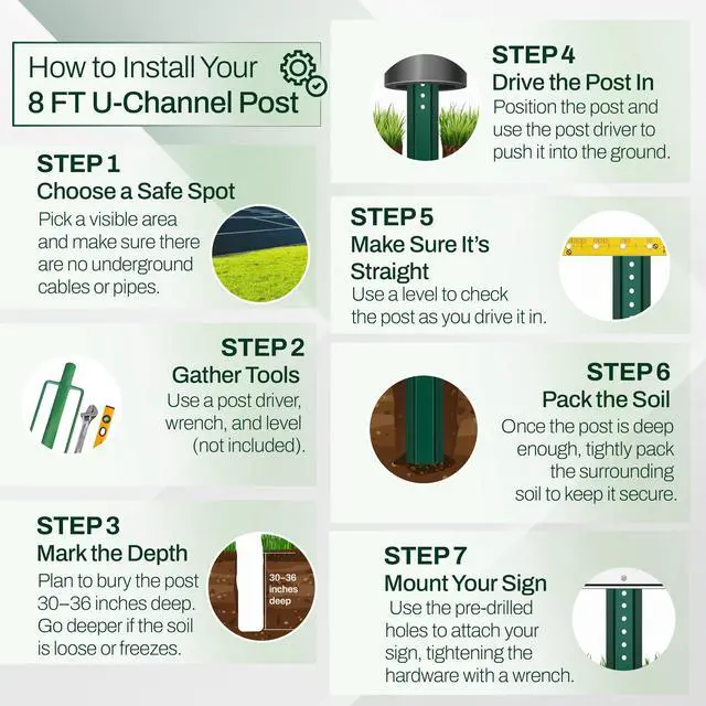 Alt view image 4 of 7 - U Channel Sign Post, 8 Ft. Green Baked Enamel Steel, 1.1 lbs per Foot, Medium Weight with Pre Drilled Holes for Easy Mounting, Heavy Duty Metal Sign Mounting Pole (Pack of 1)