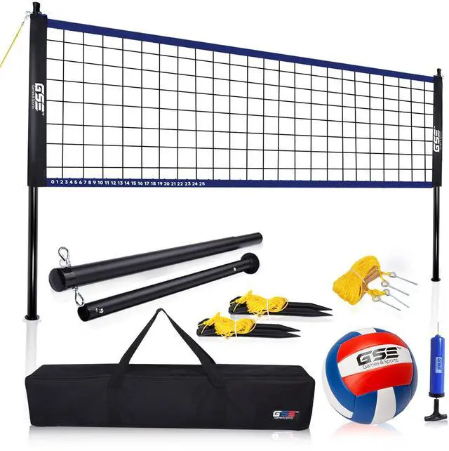 Main image of GSE Badminton and Volleyball Combo Set, Yard Net Game, for Outdoor | Easy Assembly Net Set, Ball, Pump, Boundary Line and Carry Bag Included, for Backyard, Beach, Lawn and Park, Family Games