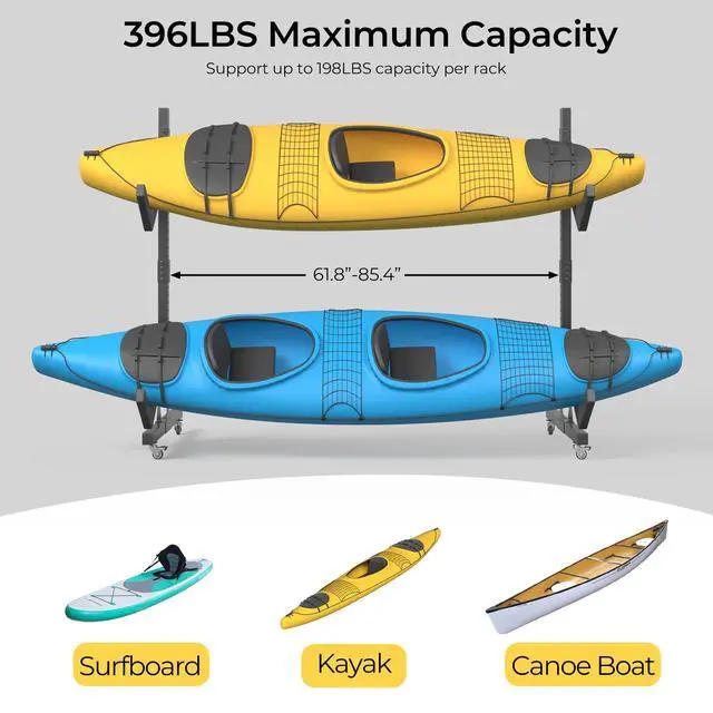 Alt view image 3 of 7 - Freestanding Adjustable Kayak Storage Rack, 1 Side 2 Layers Kayak Bracket, Durable Kayak Rack with Lockable Wheels for Indoor, Outdoor, Garage, Shed, Dock