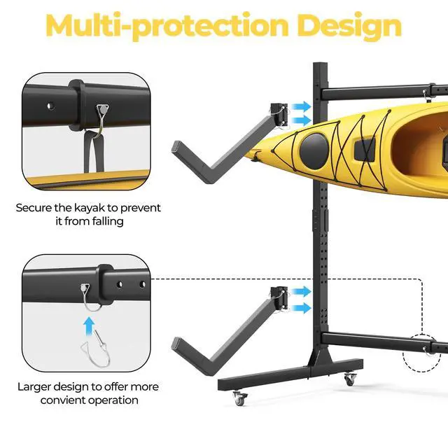 Alt view image 5 of 7 - Freestanding Adjustable Kayak Storage Rack, 1 Side 2 Layers Kayak Bracket, Durable Kayak Rack with Lockable Wheels for Indoor, Outdoor, Garage, Shed, Dock