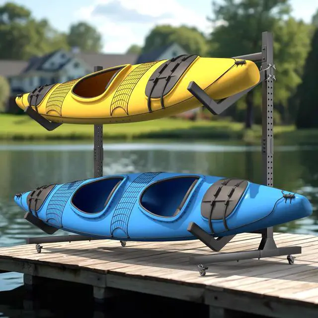 Main image of Freestanding Adjustable Kayak Storage Rack, 1 Side 2 Layers Kayak Bracket, Durable Kayak Rack with Lockable Wheels for Indoor, Outdoor, Garage, Shed, Dock