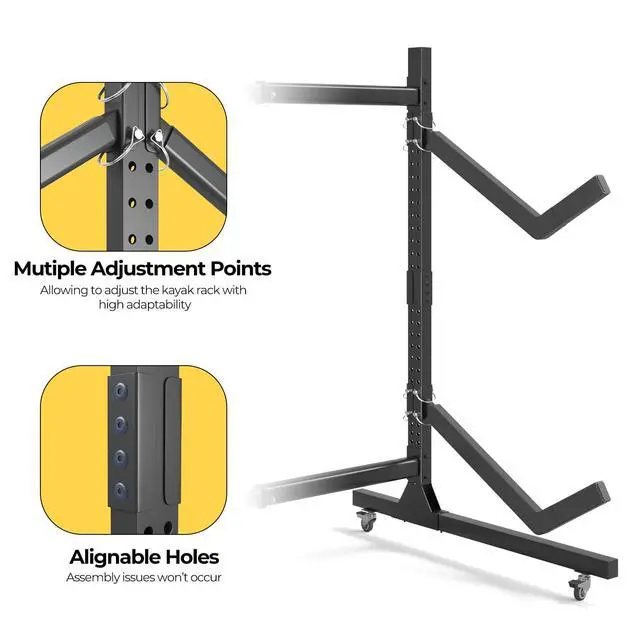 Alt view image 7 of 7 - Freestanding Adjustable Kayak Storage Rack, 1 Side 2 Layers Kayak Bracket, Durable Kayak Rack with Lockable Wheels for Indoor, Outdoor, Garage, Shed, Dock
