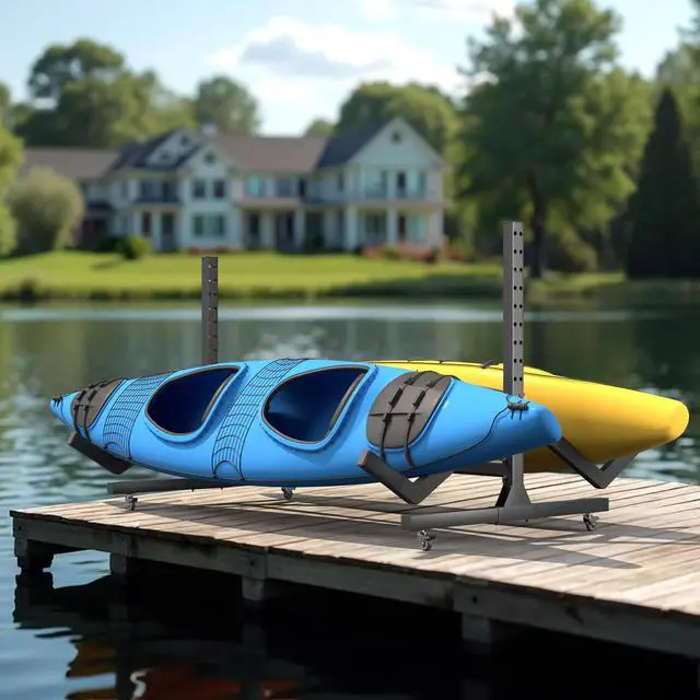 Main image of Freestanding Adjustable Kayak Storage Rack, 2 Sides Kayak Bracket, Durable Kayak Rack with Lockable Wheels for Indoor, Outdoor, Garage, Shed, Dock
