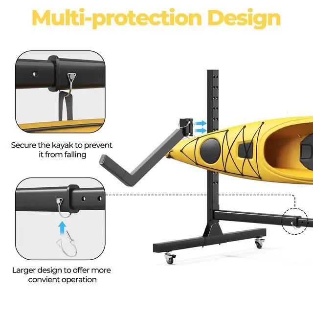 Alt view image 5 of 7 - Freestanding Adjustable Kayak Storage Rack, 2 Sides Kayak Bracket, Durable Kayak Rack with Lockable Wheels for Indoor, Outdoor, Garage, Shed, Dock