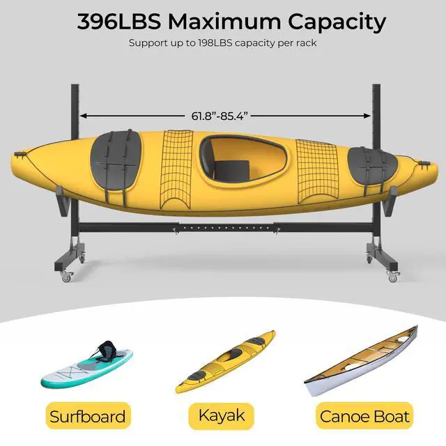 Alt view image 3 of 7 - Freestanding Adjustable Kayak Storage Rack, 2 Sides Kayak Bracket, Durable Kayak Rack with Lockable Wheels for Indoor, Outdoor, Garage, Shed, Dock