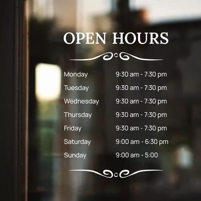 Main image of Hours of Operation Signs for Business Door or Window - Personalized Business Hours Sign Vinyl Decal, Custom Store Sign for Glass Door, Storefront, Office Open Hour Signs - Weatherproof, Made in USA