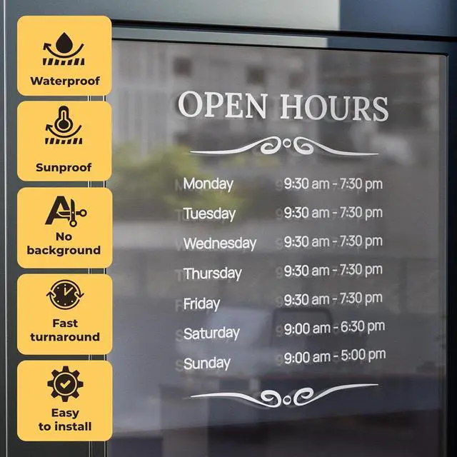 Alt view image 6 of 7 - Hours of Operation Signs for Business Door or Window - Personalized Business Hours Sign Vinyl Decal, Custom Store Sign for Glass Door, Storefront, Office Open Hour Signs - Weatherproof, Made in USA