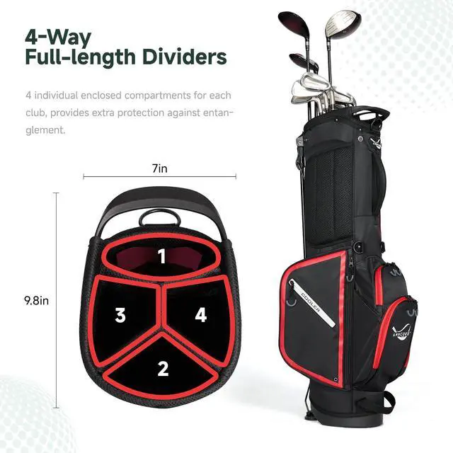 Alt view image 2 of 7 - Golf Stand Bag with 4 Way Full Length Dividers, 4.4 Lbs Lightweight Golf Bag for Men Women, Waterproof Golf Carry Bags w/Stand, 7 Pockets & Cooler Pouch, Dual Straps, Rain Hood