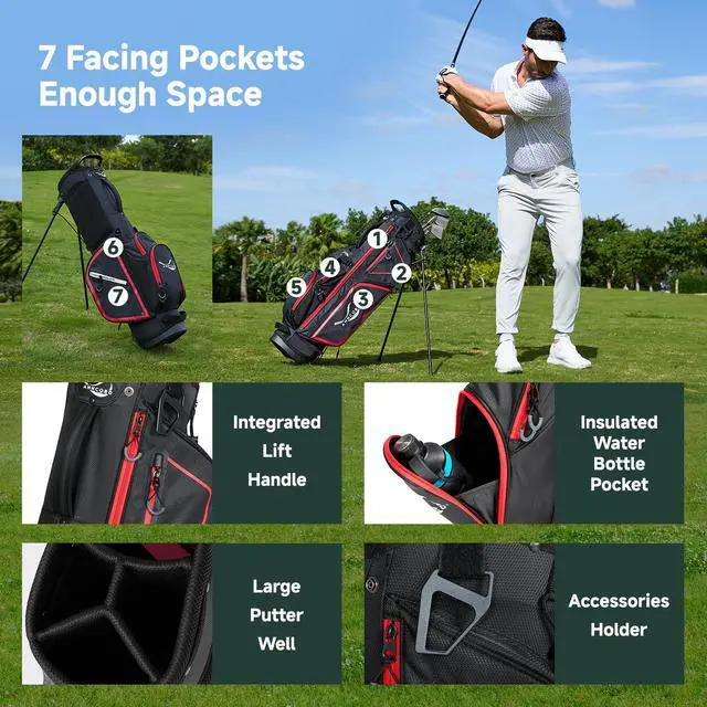 Alt view image 3 of 7 - Golf Stand Bag with 4 Way Full Length Dividers, 4.4 Lbs Lightweight Golf Bag for Men Women, Waterproof Golf Carry Bags w/Stand, 7 Pockets & Cooler Pouch, Dual Straps, Rain Hood