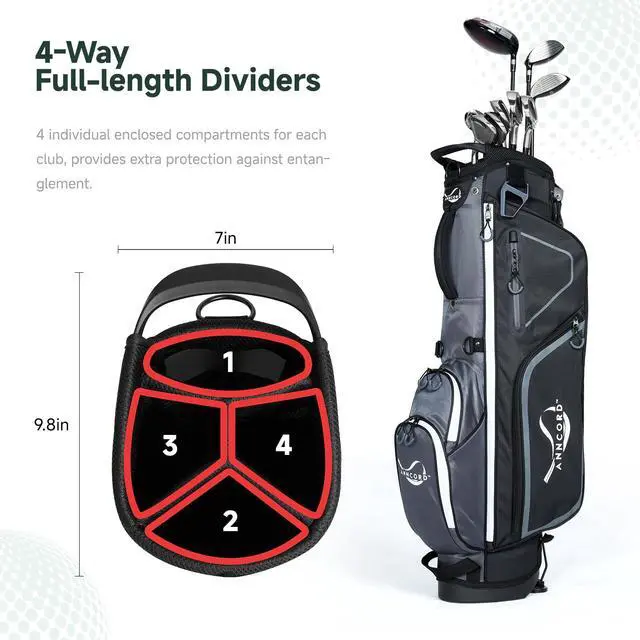 Alt view image 2 of 7 - Golf Stand Bag with 4 Way Full Length Dividers, 4.4 Lbs Lightweight Golf Bag for Men Women, Waterproof Golf Carry Bags w/Stand, 7 Pockets & Cooler Pouch, Dual Straps, Rain Hood