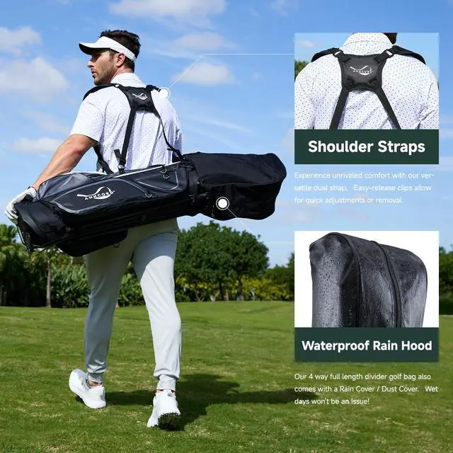 Alt view image 5 of 7 - Golf Stand Bag with 4 Way Full Length Dividers, 4.4 Lbs Lightweight Golf Bag for Men Women, Waterproof Golf Carry Bags w/Stand, 7 Pockets & Cooler Pouch, Dual Straps, Rain Hood
