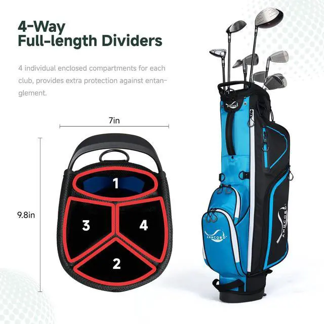 Alt view image 2 of 7 - Golf Stand Bag with 4 Way Full Length Dividers, 4.4 Lbs Lightweight Golf Bag for Men Women, Waterproof Golf Carry Bags w/Stand, 7 Pockets & Cooler Pouch, Dual Straps, Rain Hood