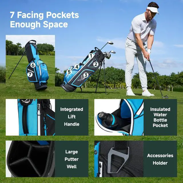 Alt view image 3 of 7 - Golf Stand Bag with 4 Way Full Length Dividers, 4.4 Lbs Lightweight Golf Bag for Men Women, Waterproof Golf Carry Bags w/Stand, 7 Pockets & Cooler Pouch, Dual Straps, Rain Hood