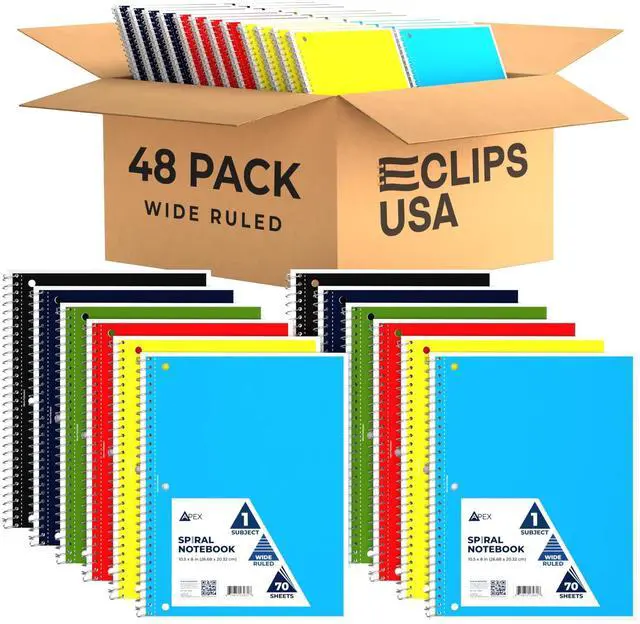 Main image of Wide Ruled Spiral Notebooks Bulk Spiral Bound Notebooks for Work 1 Subject Notebook 6 Color Assortment 3 Hole Perforated 70 Sheets 140 pages 10.5" x 8" (48 pack)