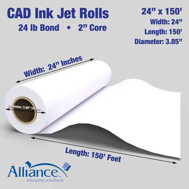 Alt view image 2 of 7 - Wide Format Paper 24" x 150' CAD Bond Rolls (24lb | 4 Rolls, 24 In x 150 Ft | 2" Core)