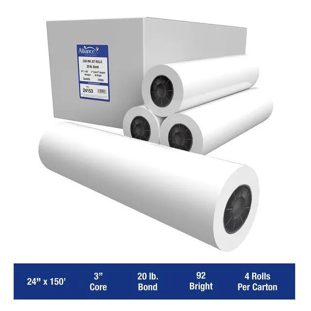 Alt view image 2 of 7 - Wide Format Paper 24" x 150' CAD Bond Rolls (20lb | 4 Rolls, 24 In x 150 FT | 3" Core)