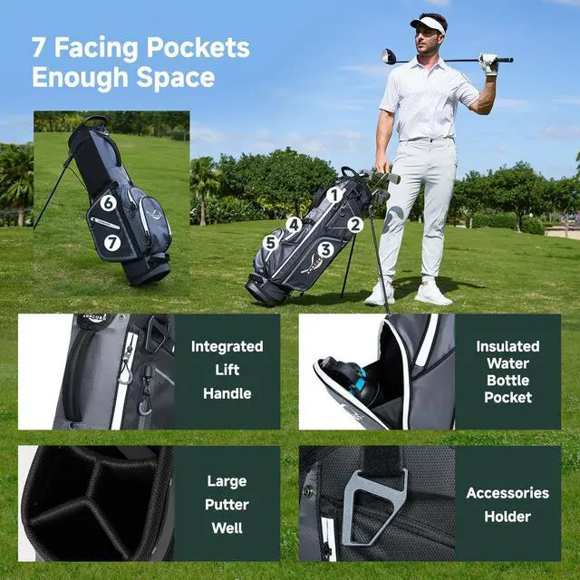 Alt view image 3 of 7 - Golf Stand Bag with 4 Way Full Length Dividers, 4.4 Lbs Lightweight Golf Bag for Men Women, Waterproof Golf Carry Bags w/Stand, 7 Pockets & Cooler Pouch, Dual Straps, Rain Hood