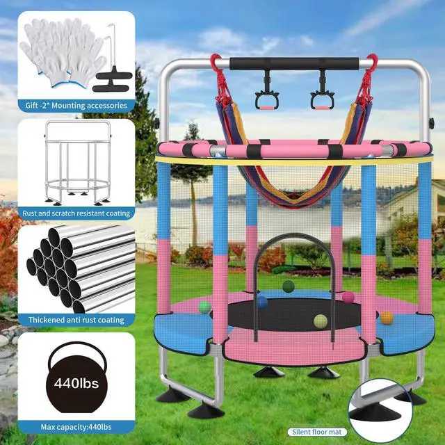 Alt view image 4 of 7 - Trampoline for Kids, Upgrade Full Anti-Rust 440lbs Indoor Outdoor Toddler Trampoline with Net, 55" Adjustable Baby Toddler Trampolines Accessories Dart Board