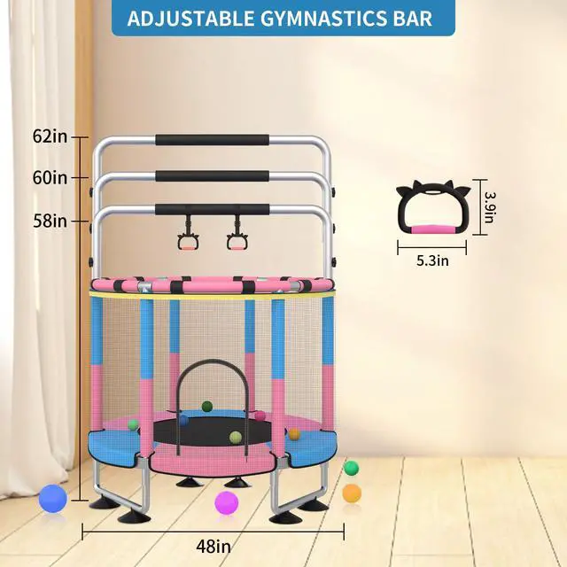 Alt view image 6 of 7 - Trampoline for Kids, Upgrade Full Anti-Rust 440lbs Indoor Outdoor Toddler Trampoline with Net, 55" Adjustable Baby Toddler Trampolines Accessories Dart Board