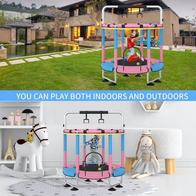 Alt view image 5 of 7 - Trampoline for Kids, Upgrade Full Anti-Rust 440lbs Indoor Outdoor Toddler Trampoline with Net, 55" Adjustable Baby Toddler Trampolines Accessories Dart Board